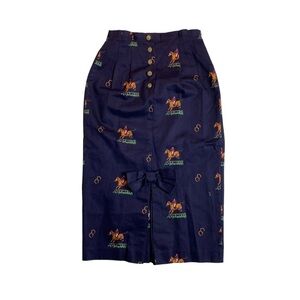 Vintage Cullinane Navy Horse Race Derby Horseshoe Paperbag Skirt Gold Button Bow